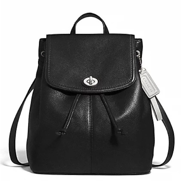 Coach Black Park Pebbled Leather Turn Key Drawstring Backpack Bag F24385 EUC - Picture 1 of 9